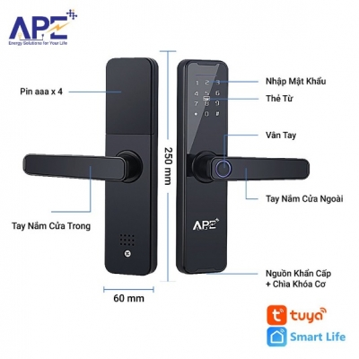 Smart electronic fingerprint door lock APE601 Black (Tuya WIFI App, Free FB-LINK TY302 camera)